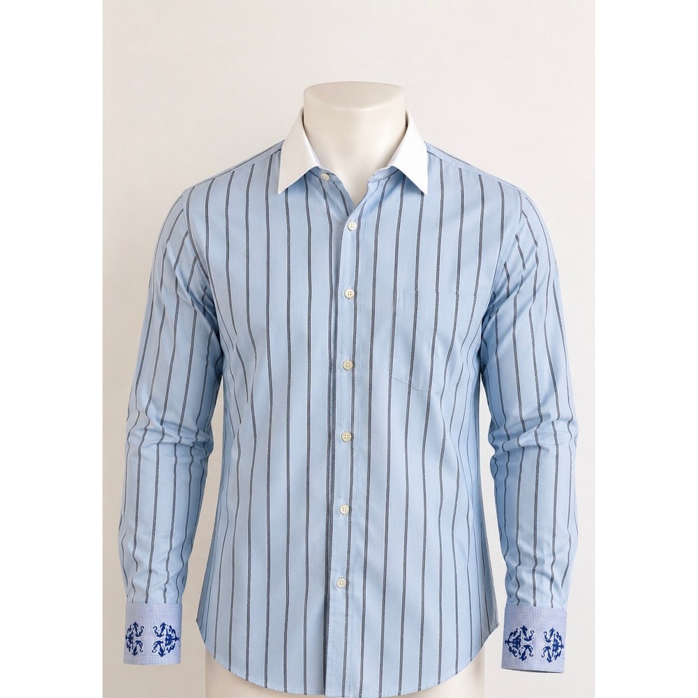 Robert Graham L XL Striped Baby Blue Button Down Shirt Flip Cuffs White Collar